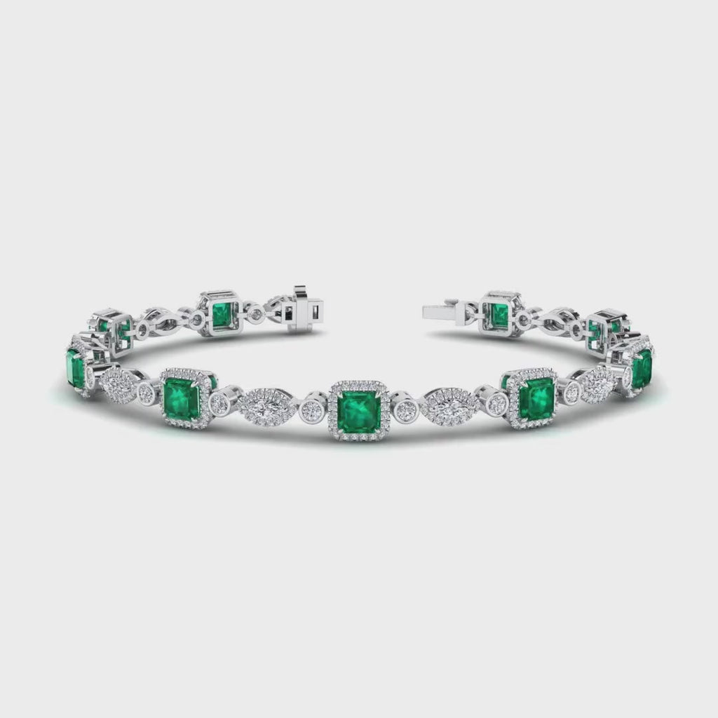 MET-WB-0060 | 14K White Gold | LGBT0173 | White Gold Emerald & Diamond Halo Bracelet (6-1/2ctw) | LGBT0173-1.mp4